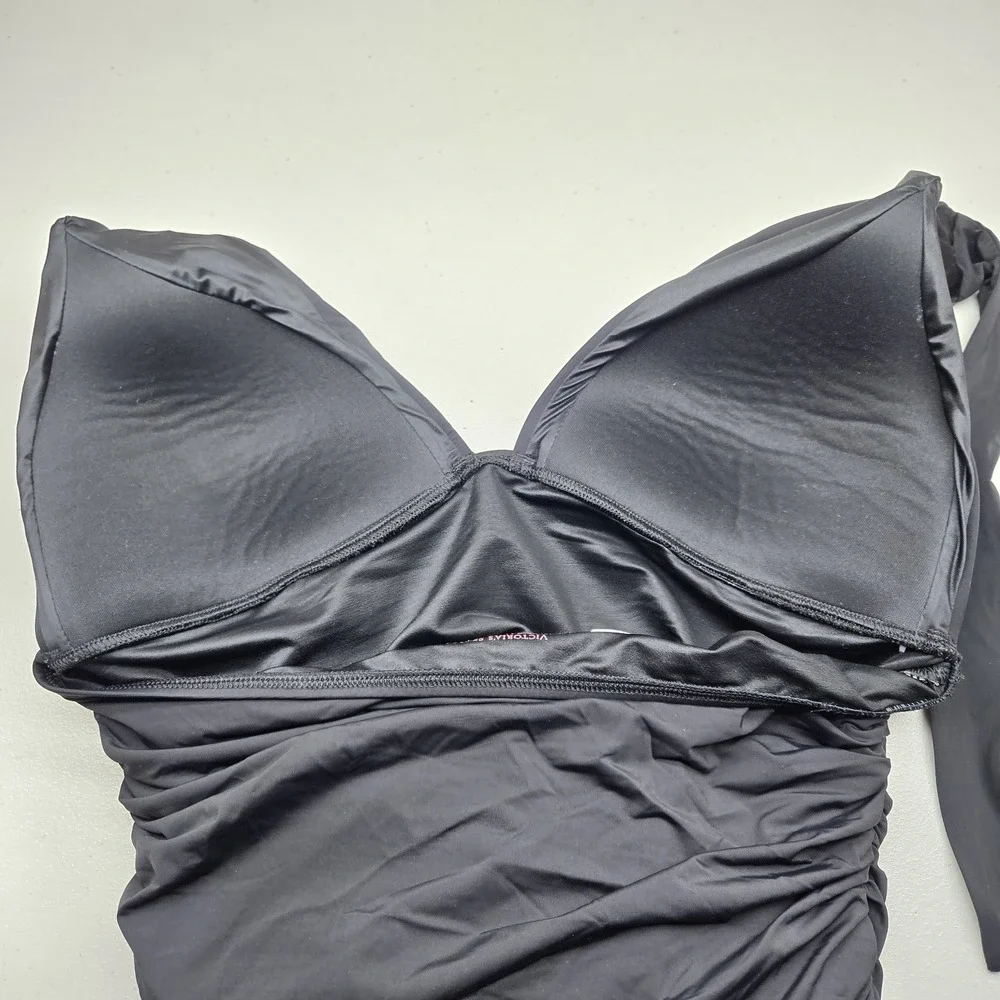 Victoria Secret Women Swimsuit Large Black Halter One Piece Ruched Lightly Line